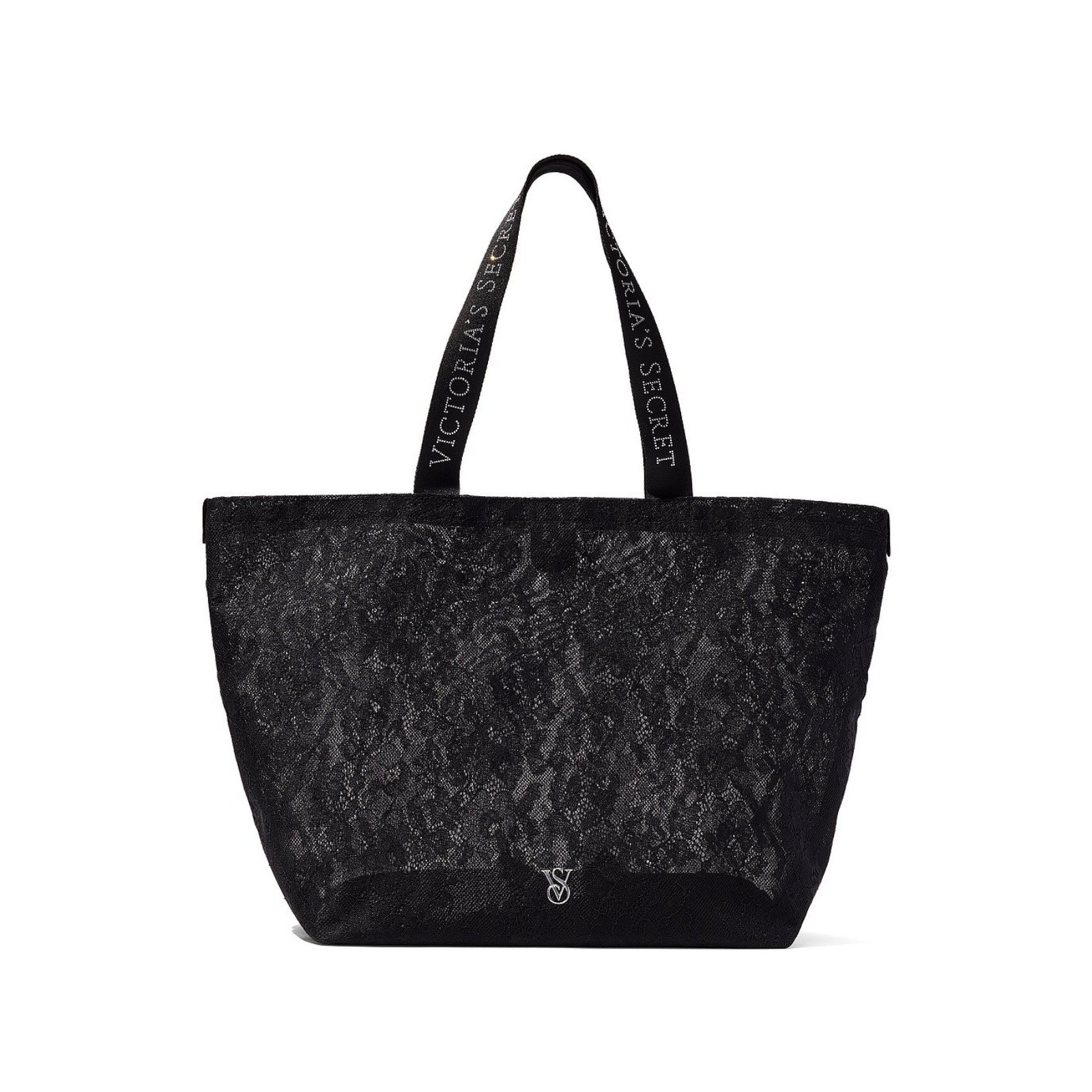 Victoria's Secret Black Lace Logo Tote Bag Beach Travel Handbag Snap Closure New